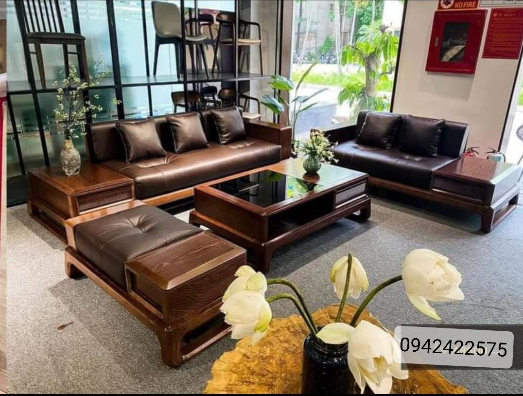 Bộ ghế sofa 2 văng chân quỳ chữ U gỗ sồi